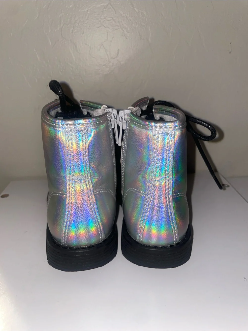 Kids Holographic Lace-Up Ankle Boots - Silver